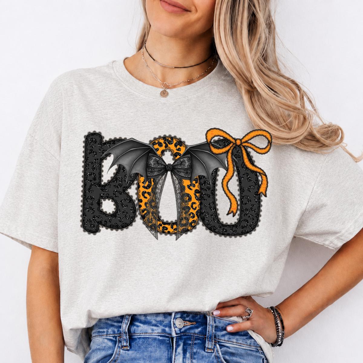 Cute Halloween Boo Bat Bow Sweatshirt and T-Shirt Spooky Season Women Coquette