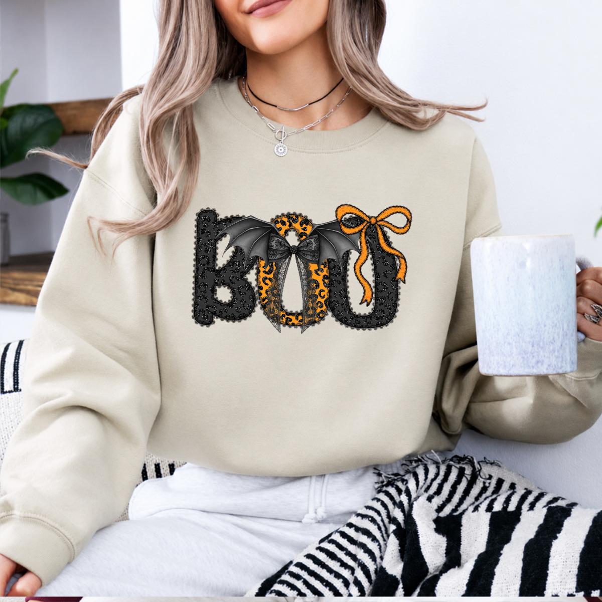 Cute Halloween Boo Bat Bow Sweatshirt and T-Shirt Spooky Season Women Coquette