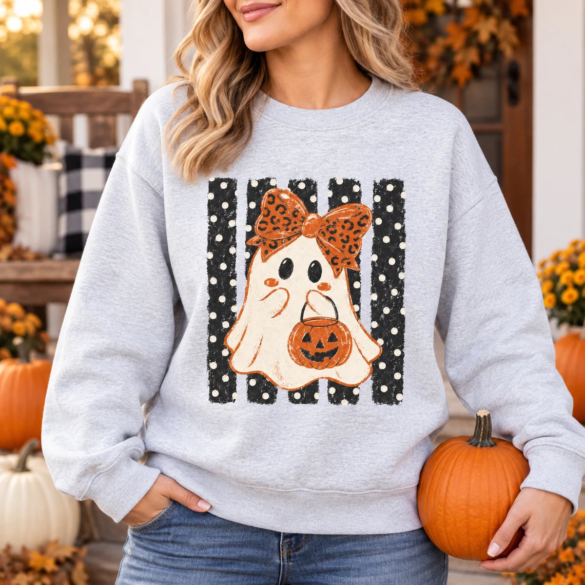 Cute Halloween Ghost Sweatshirt Women Leopard Bow Pumpkin Crewneck Retro Spooky Season Shirt