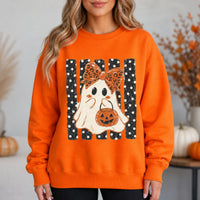 Cute Halloween Ghost Sweatshirt Women Leopard Bow Pumpkin Crewneck Retro Spooky Season Shirt
