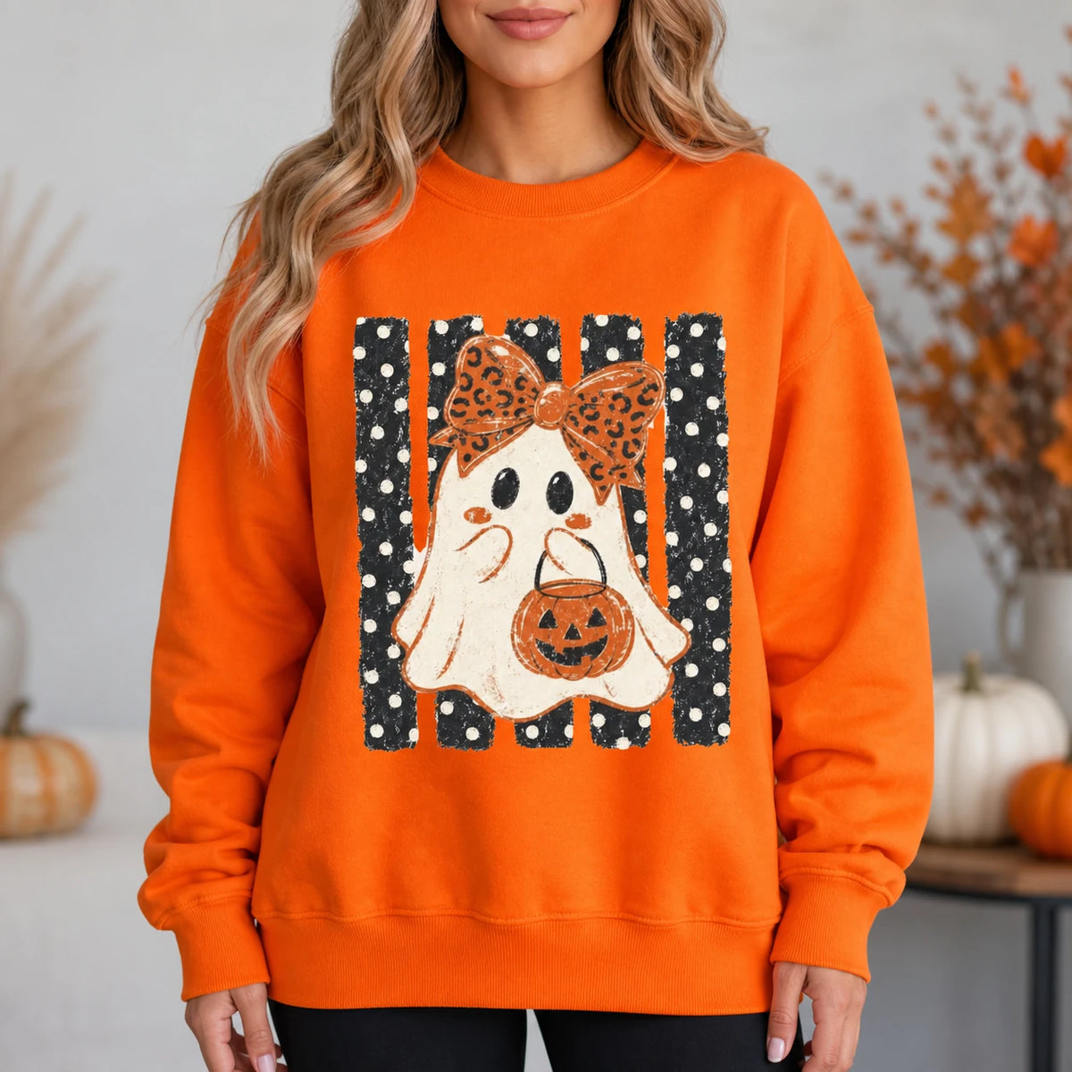 Cute Halloween Ghost Sweatshirt Women Leopard Bow Pumpkin Crewneck Retro Spooky Season Shirt