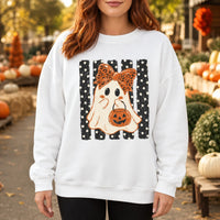 Cute Halloween Ghost Sweatshirt Women Leopard Bow Pumpkin Crewneck Retro Spooky Season Shirt