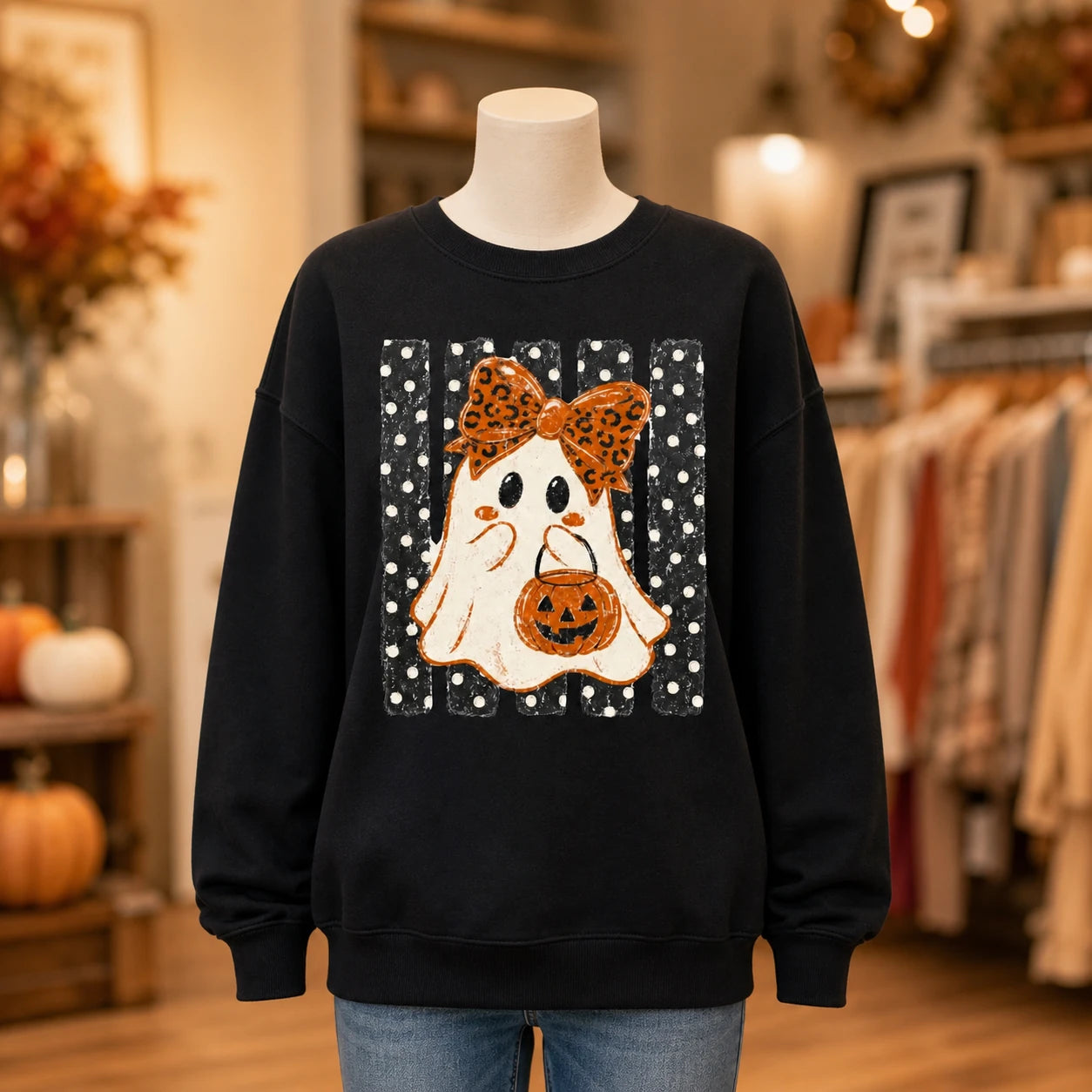 Cute Halloween Ghost Sweatshirt Women Leopard Bow Pumpkin Crewneck Retro Spooky Season Shirt