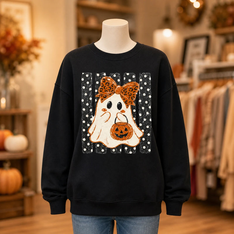 Cute Halloween Ghost Sweatshirt Women Leopard Bow Pumpkin Crewneck Retro Spooky Season Shirt