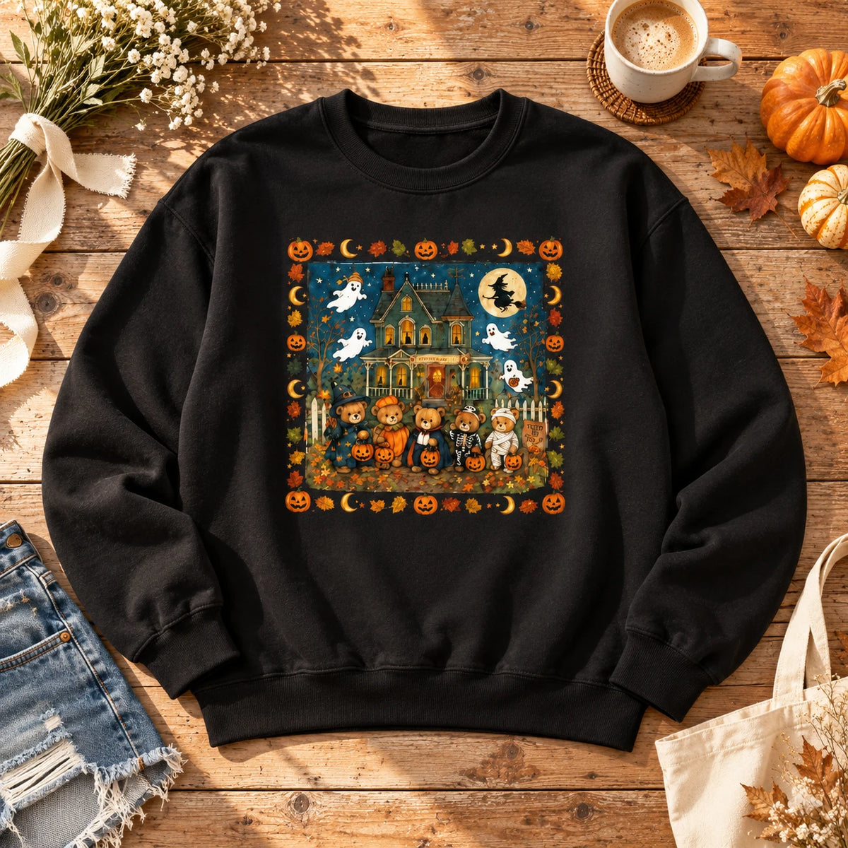 Cute Halloween Haunted House Sweatshirt for Women Vintage Ghost Pumpkin Bear Spooky Season