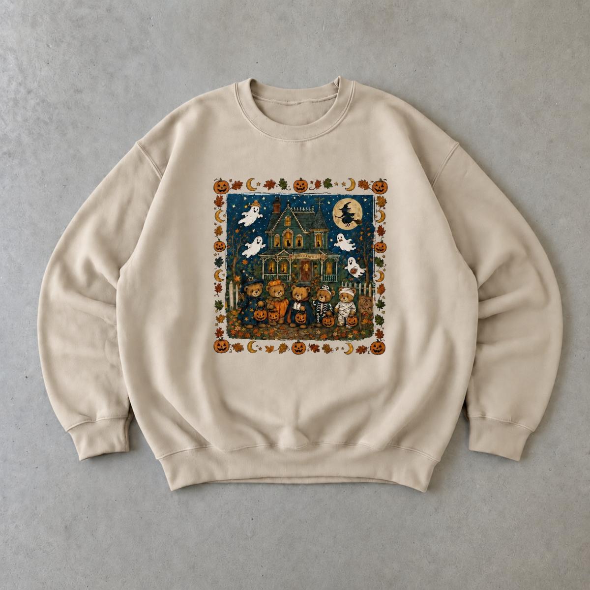 Cute Halloween Haunted House Sweatshirt for Women Vintage Ghost Pumpkin Bear Spooky Season
