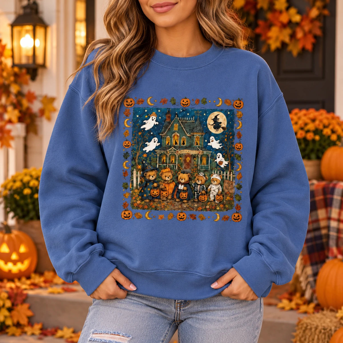Cute Halloween Haunted House Sweatshirt for Women Vintage Ghost Pumpkin Bear Spooky Season