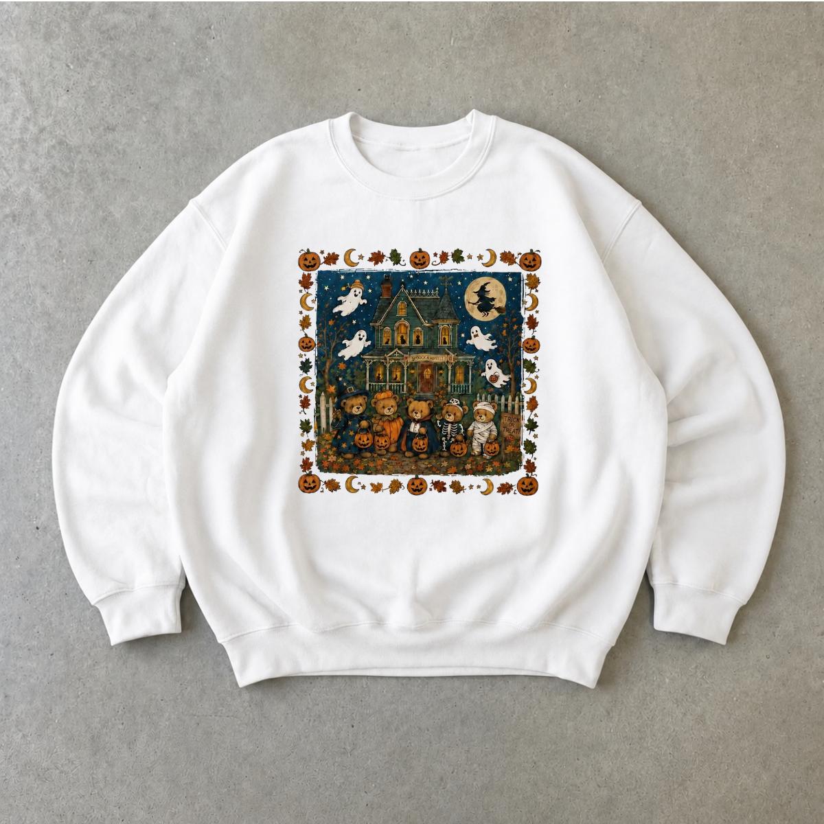 Cute Halloween Haunted House Sweatshirt for Women Vintage Ghost Pumpkin Bear Spooky Season