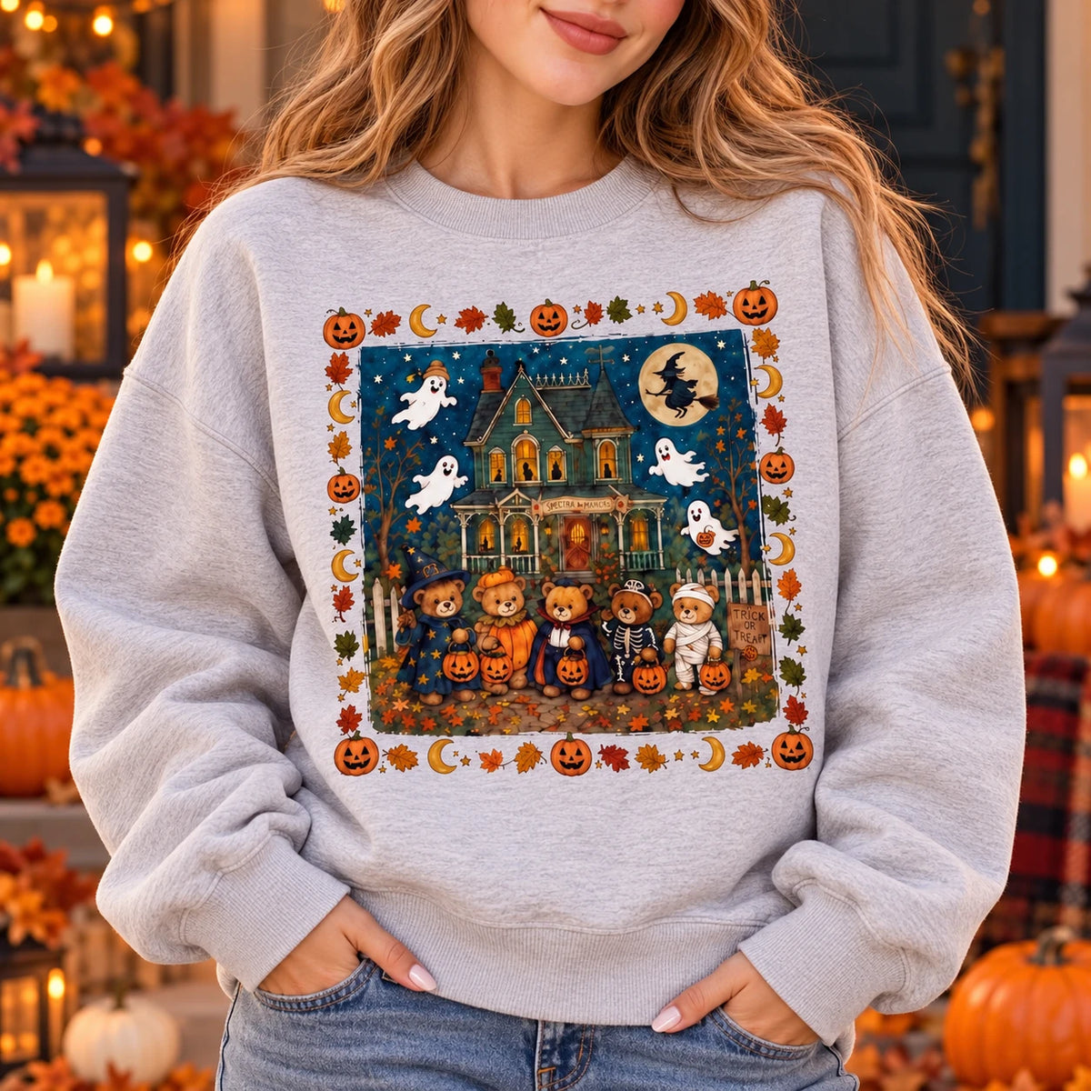Cute Halloween Haunted House Sweatshirt for Women Vintage Ghost Pumpkin Bear Spooky Season