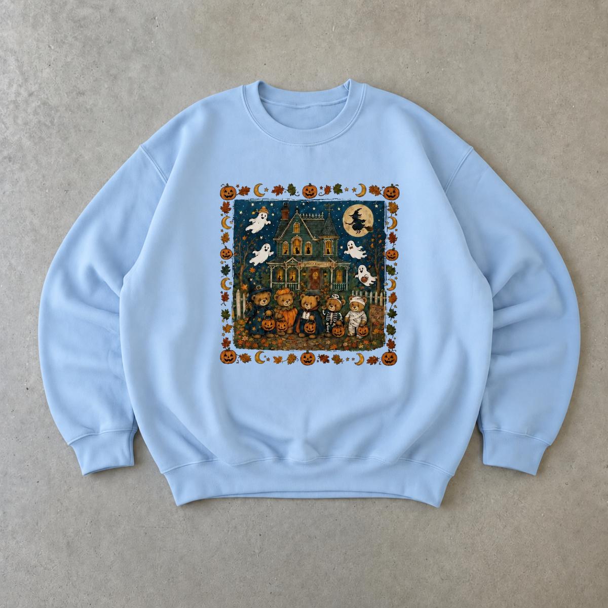Cute Halloween Haunted House Sweatshirt for Women Vintage Ghost Pumpkin Bear Spooky Season
