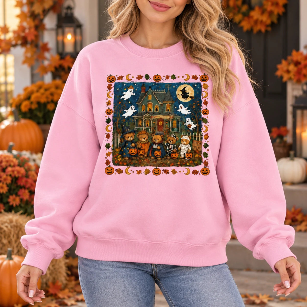 Cute Halloween Haunted House Sweatshirt for Women Vintage Ghost Pumpkin Bear Spooky Season