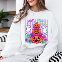 Cute Halloween Sweatshirt and T-Shirt Pumpkin Ghost Bow Stack Spooky Season Women Coquette Floral Design
