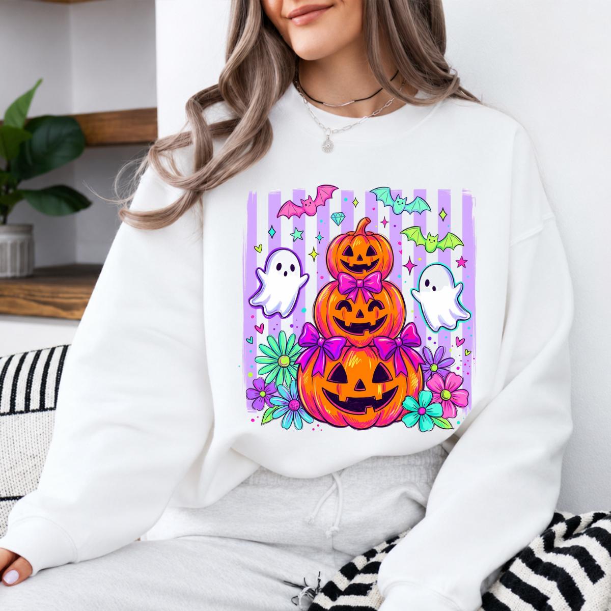 Cute Halloween Sweatshirt and T-Shirt Pumpkin Ghost Bow Stack Spooky Season Women Coquette Floral Design