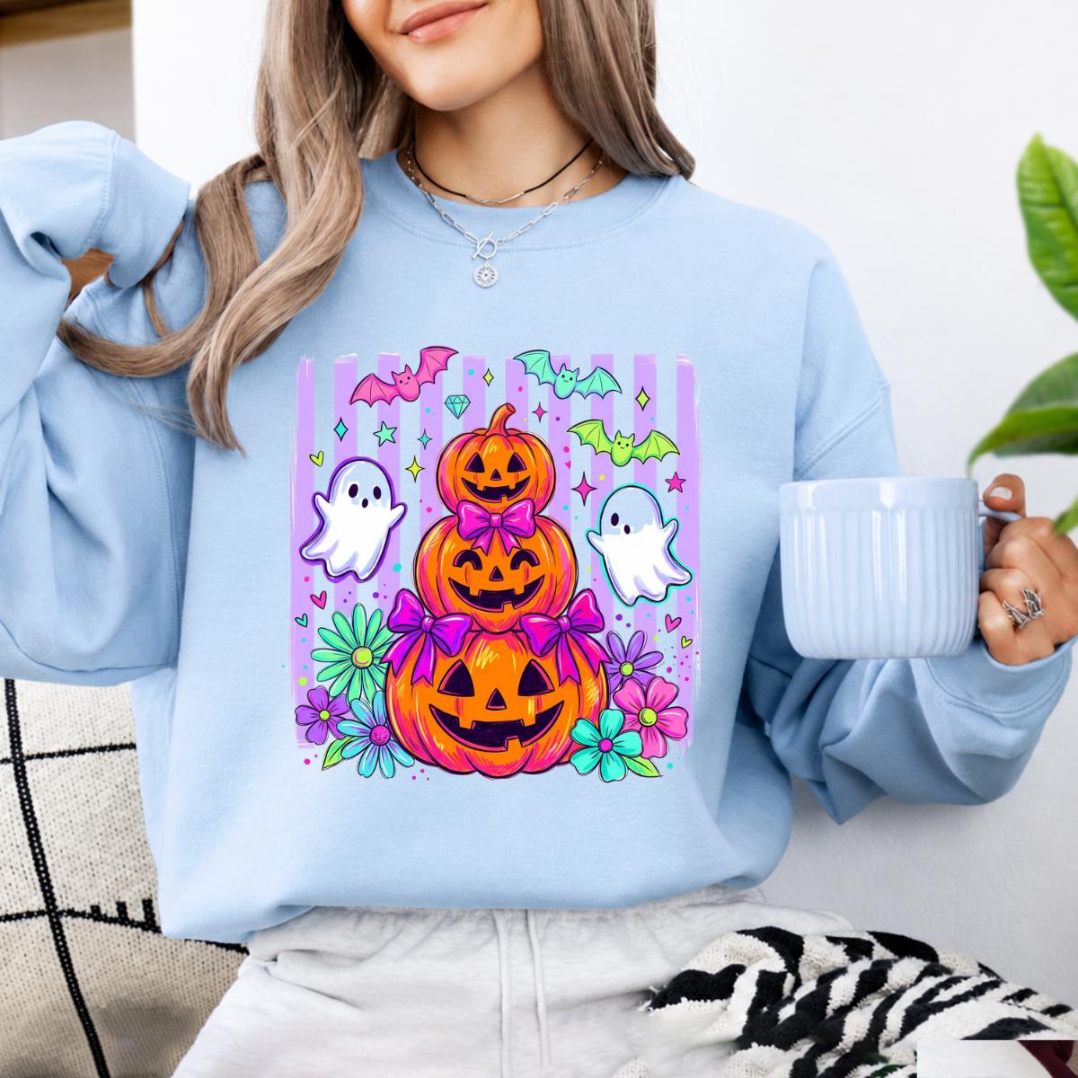 Cute Halloween Sweatshirt and T-Shirt Pumpkin Ghost Bow Stack Spooky Season Women Coquette Floral Design