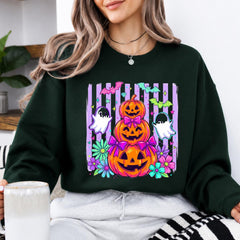 Cute Halloween Sweatshirt and T-Shirt Pumpkin Ghost Bow Stack Spooky Season Women Coquette Floral Design
