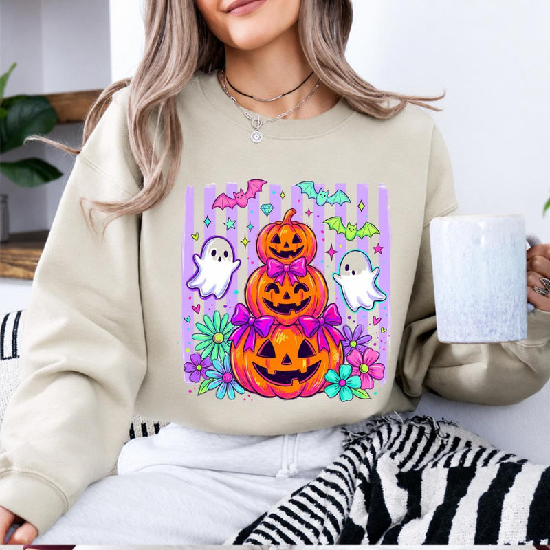 Cute Halloween Sweatshirt and T-Shirt Pumpkin Ghost Bow Stack Spooky Season Women Coquette Floral Design