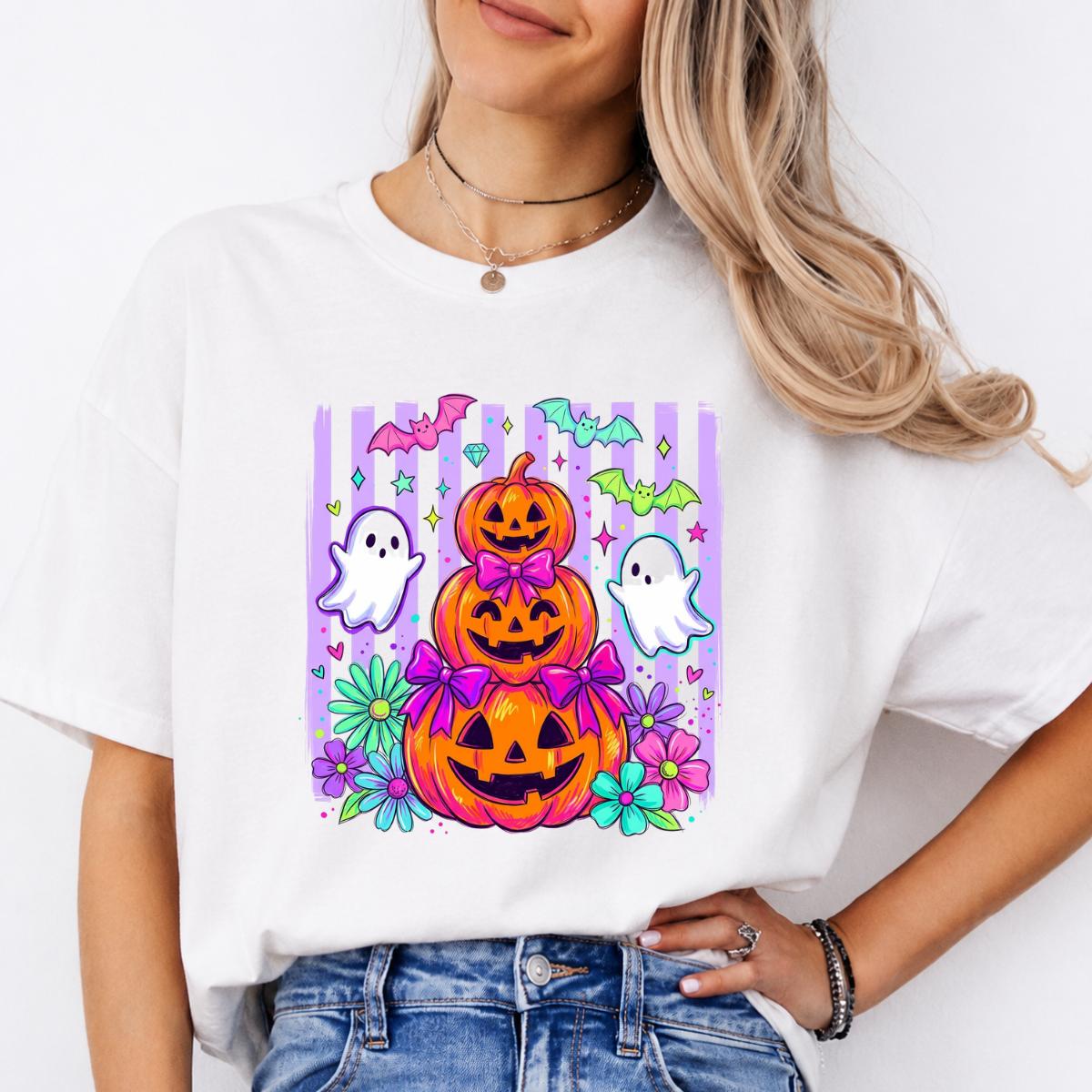 Cute Halloween Sweatshirt and T-Shirt Pumpkin Ghost Bow Stack Spooky Season Women Coquette Floral Design