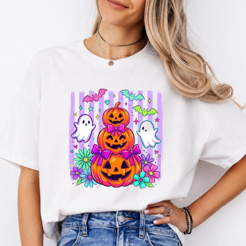 Cute Halloween Sweatshirt and T-Shirt Pumpkin Ghost Bow Stack Spooky Season Women Coquette Floral Design