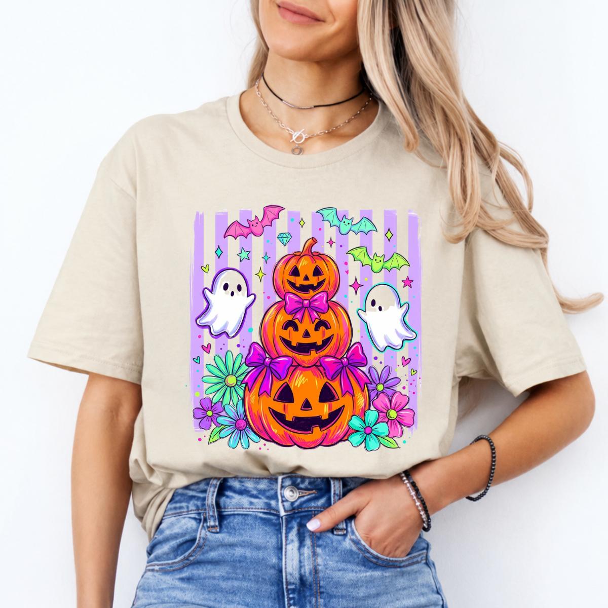 Cute Halloween Sweatshirt and T-Shirt Pumpkin Ghost Bow Stack Spooky Season Women Coquette Floral Design