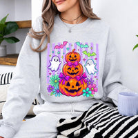 Cute Halloween Sweatshirt and T-Shirt Pumpkin Ghost Bow Stack Spooky Season Women Coquette Floral Design