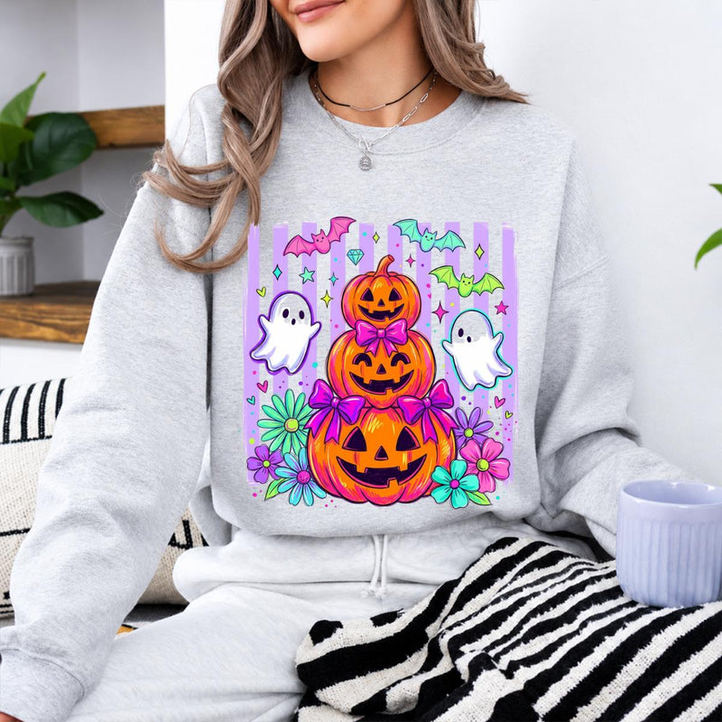 Cute Halloween Sweatshirt and T-Shirt Pumpkin Ghost Bow Stack Spooky Season Women Coquette Floral Design