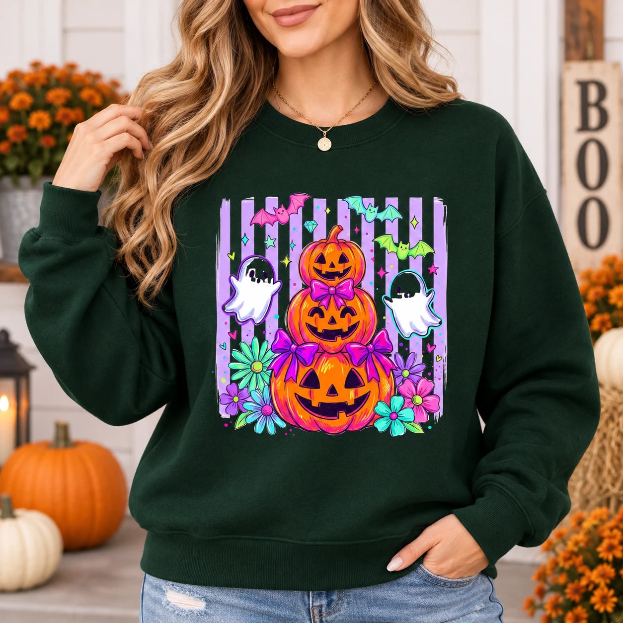 Cute Halloween Sweatshirt and T-Shirt with Pumpkin Ghost Bow Floral Spooky Season Design