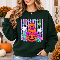 Cute Halloween Sweatshirt and T-Shirt with Pumpkin Ghost Bow Floral Spooky Season Design