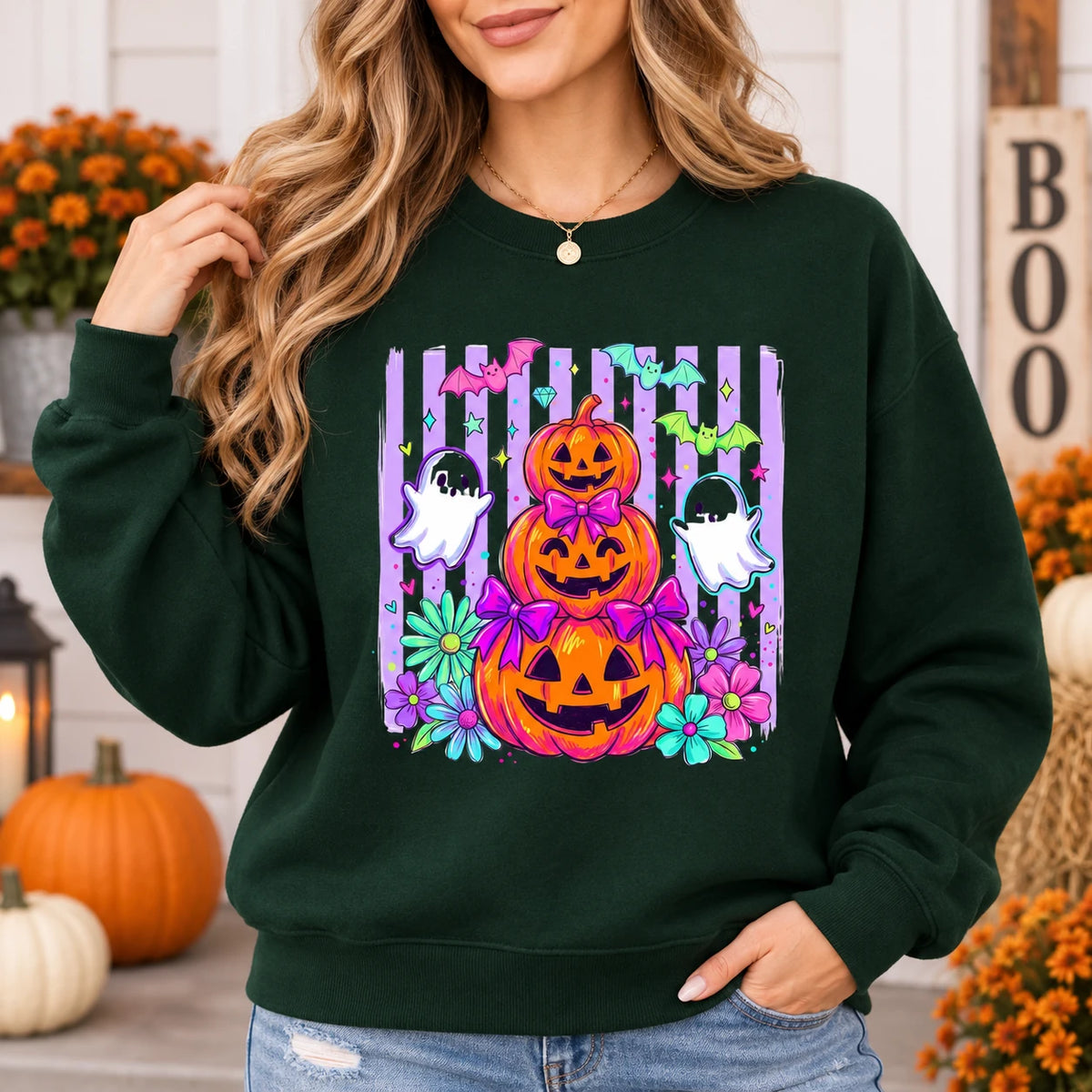 Cute Halloween Sweatshirt and T-Shirt with Pumpkin Ghost Bow Floral Spooky Season Design