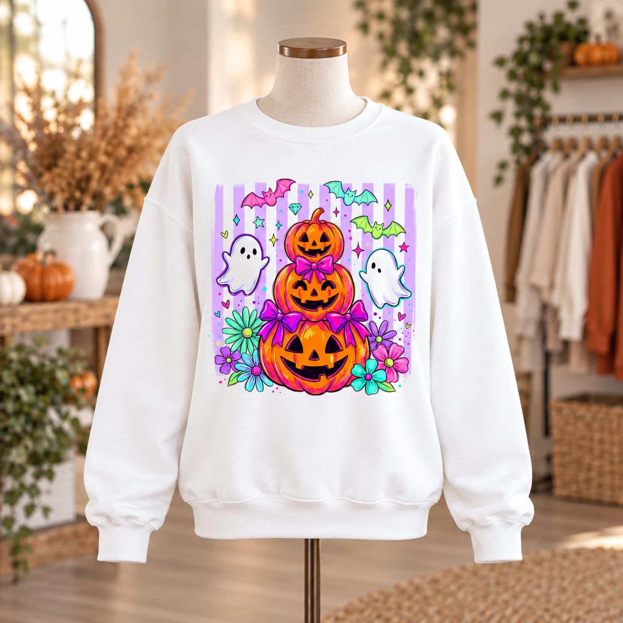 Cute Halloween Sweatshirt and T-Shirt with Pumpkin Ghost Bow Floral Spooky Season Design