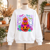 Cute Halloween Sweatshirt and T-Shirt with Pumpkin Ghost Bow Floral Spooky Season Design