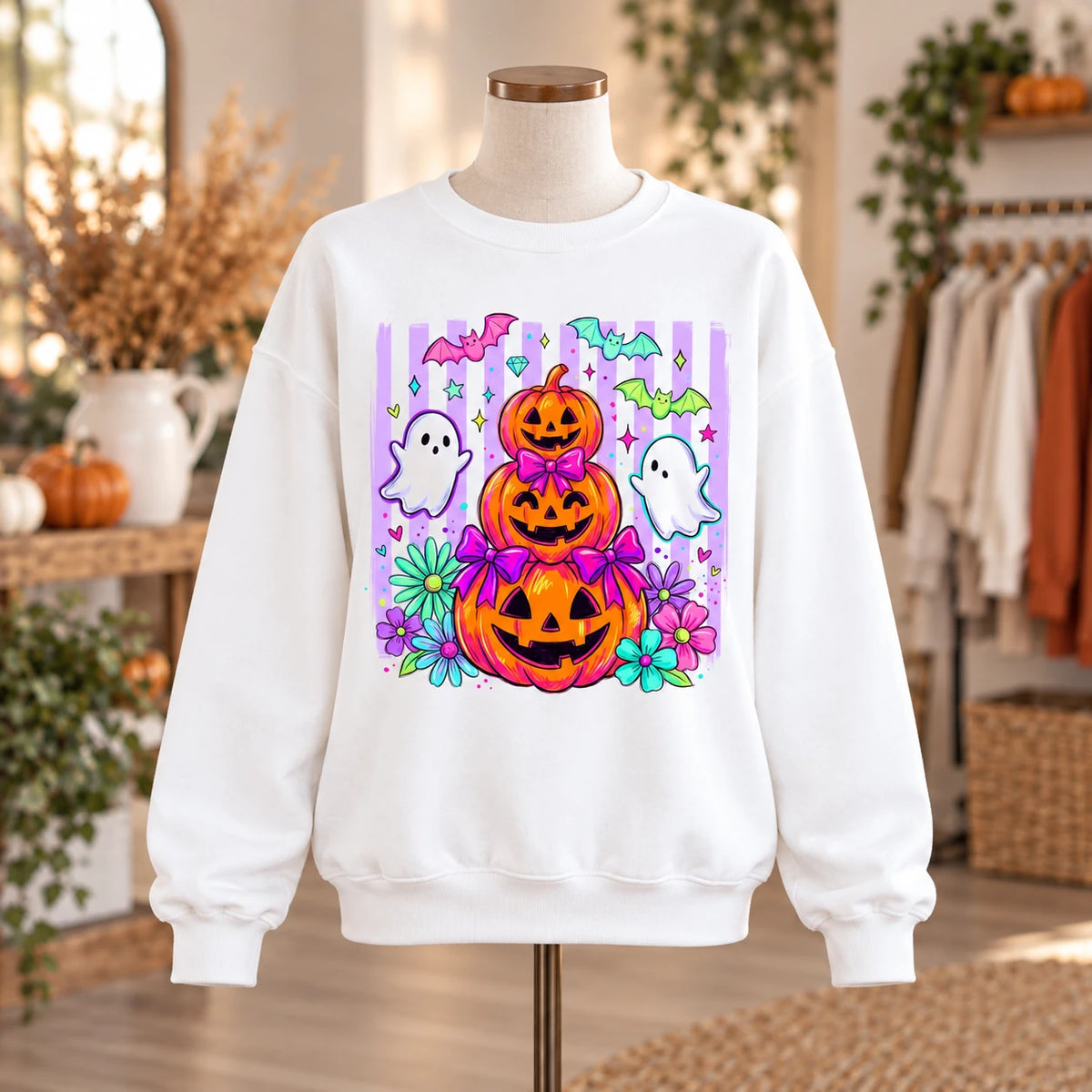Cute Halloween Sweatshirt and T-Shirt with Pumpkin Ghost Bow Floral Spooky Season Design