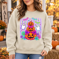 Cute Halloween Sweatshirt and T-Shirt with Pumpkin Ghost Bow Floral Spooky Season Design