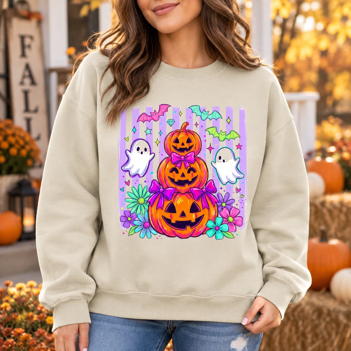 Cute Halloween Sweatshirt and T-Shirt with Pumpkin Ghost Bow Floral Spooky Season Design