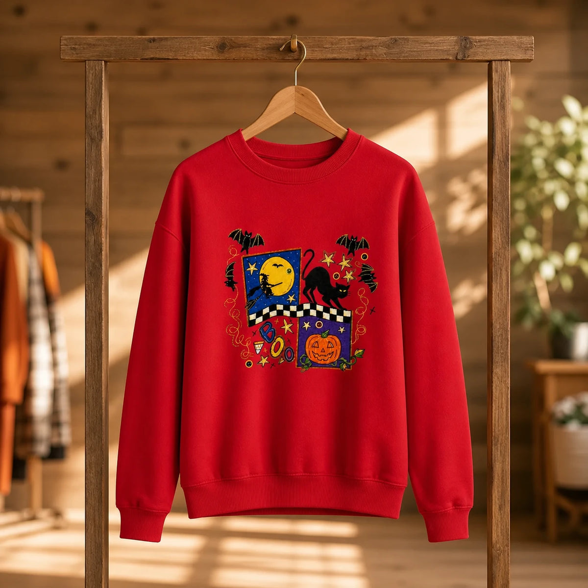 Cute Halloween Sweatshirt BOO Black Cat Pumpkin Witch Moon Graphic for Women