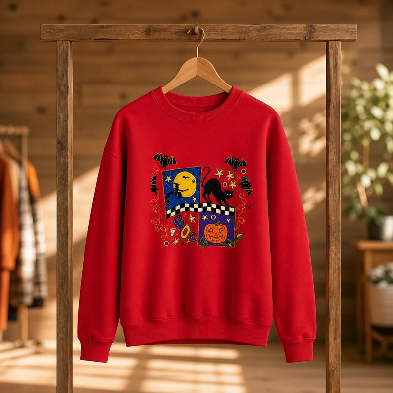 Cute Halloween Sweatshirt BOO Black Cat Pumpkin Witch Moon Graphic for Women