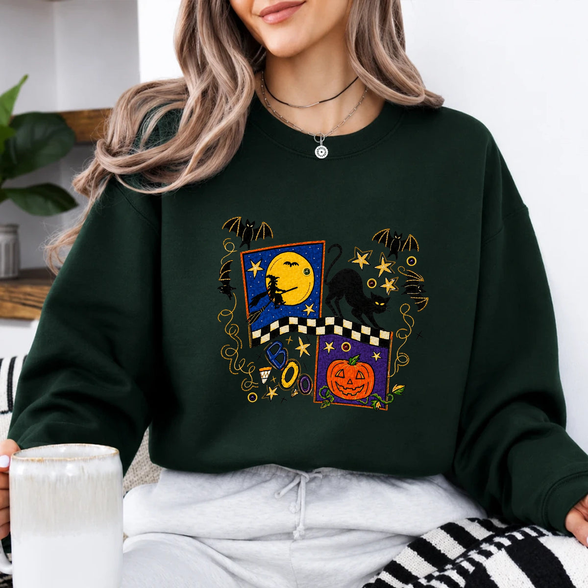 Cute Halloween Sweatshirt BOO Black Cat Pumpkin Witch Moon Graphic for Women