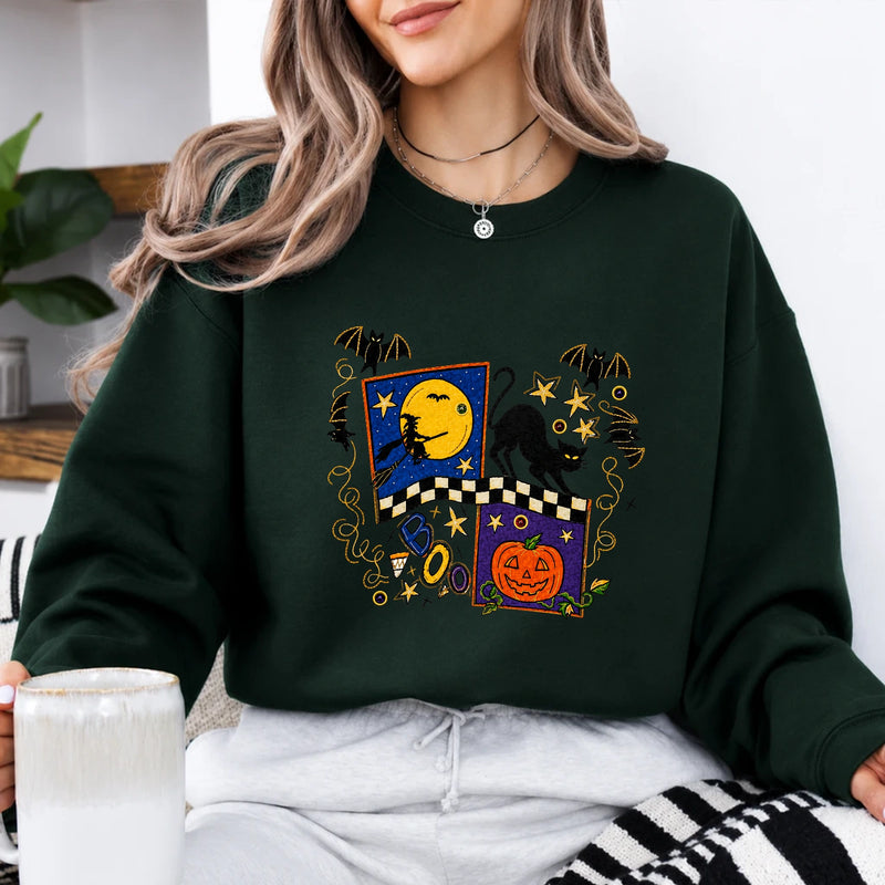 Cute Halloween Sweatshirt BOO Black Cat Pumpkin Witch Moon Graphic for Women