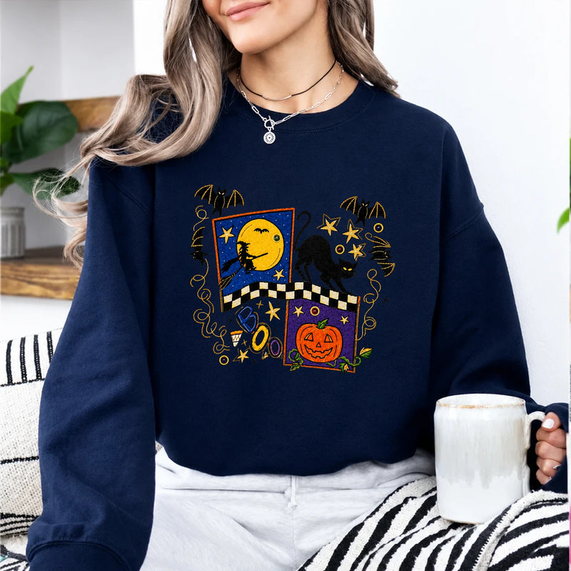 Cute Halloween Sweatshirt BOO Black Cat Pumpkin Witch Moon Graphic for Women