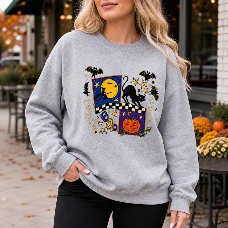 Cute Halloween Sweatshirt BOO Black Cat Pumpkin Witch Moon Graphic for Women