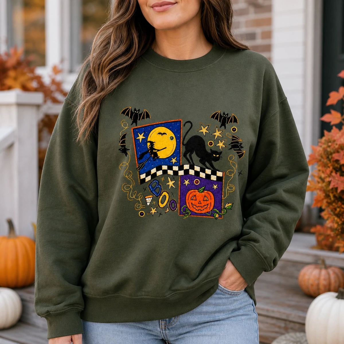 Cute Halloween Sweatshirt BOO Black Cat Pumpkin Witch Moon Graphic for Women