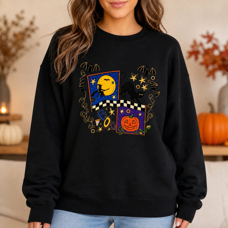 Cute Halloween Sweatshirt BOO Black Cat Pumpkin Witch Moon Graphic for Women