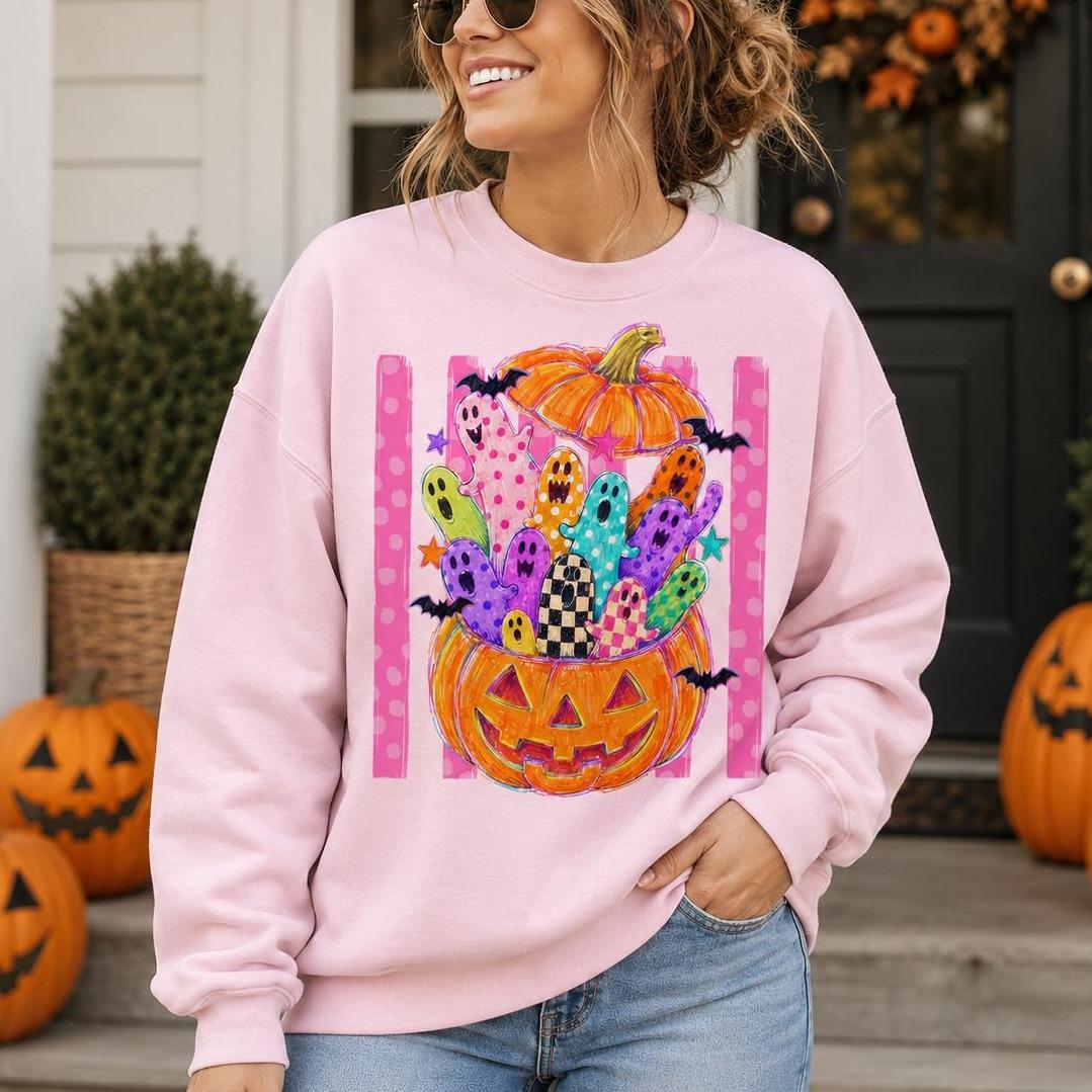 Cute Halloween Sweatshirt Colorful Ghost Pumpkin Design Halloween Fall Women Cute Doodle Style