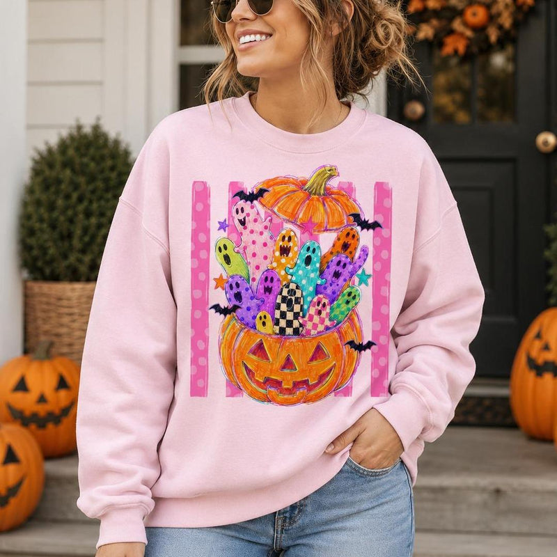 Cute Halloween Sweatshirt Colorful Ghost Pumpkin Design Halloween Fall Women Cute Doodle Style