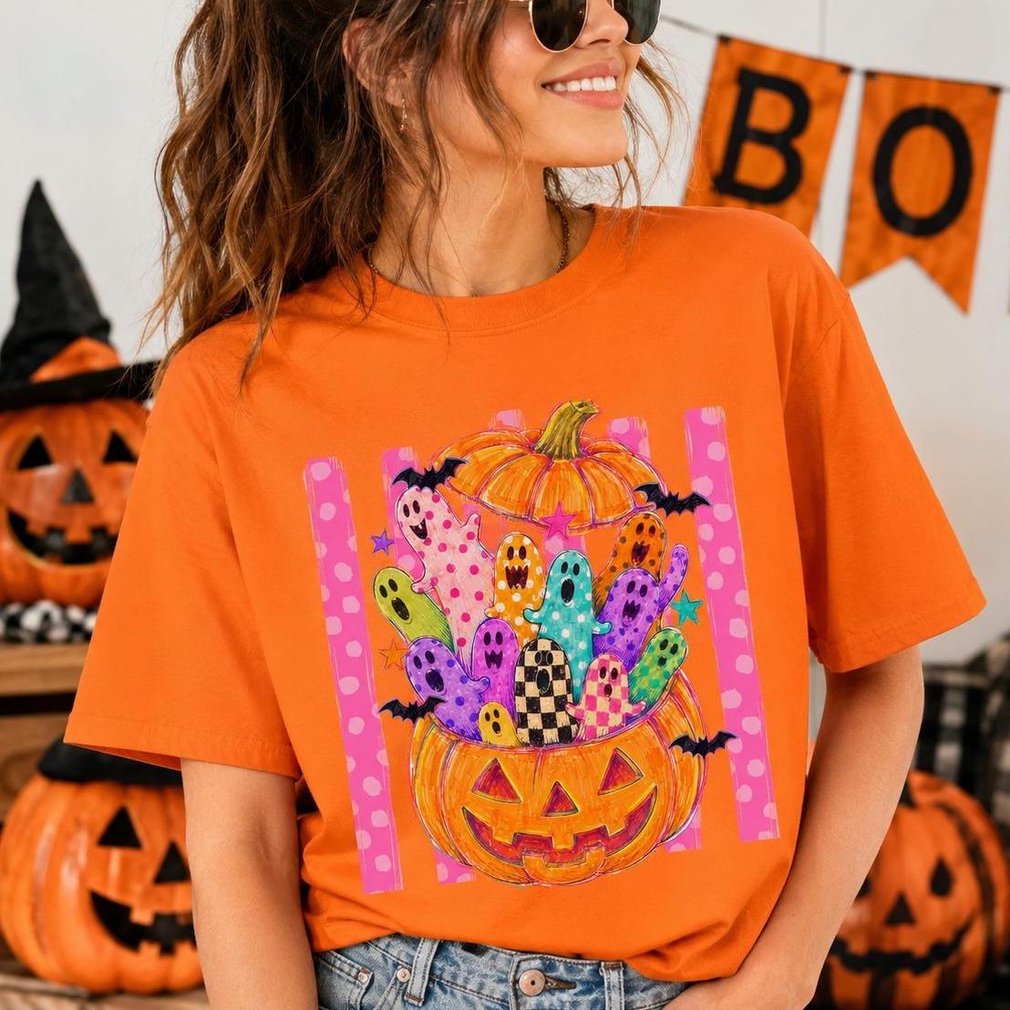 Cute Halloween Sweatshirt Colorful Ghost Pumpkin Design Halloween Fall Women Cute Doodle Style