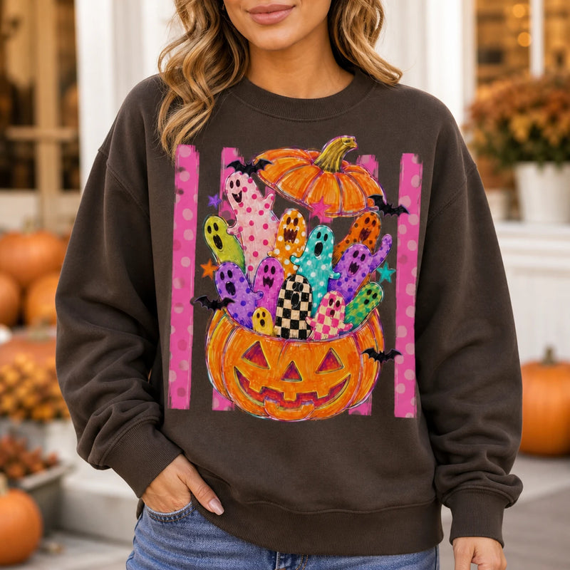 Cute Halloween Sweatshirt Colorful Ghost Pumpkin Design Halloween Fall Women Cute Doodle Style