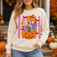 Cute Halloween Sweatshirt Colorful Ghost Pumpkin Design Halloween Fall Women Cute Doodle Style