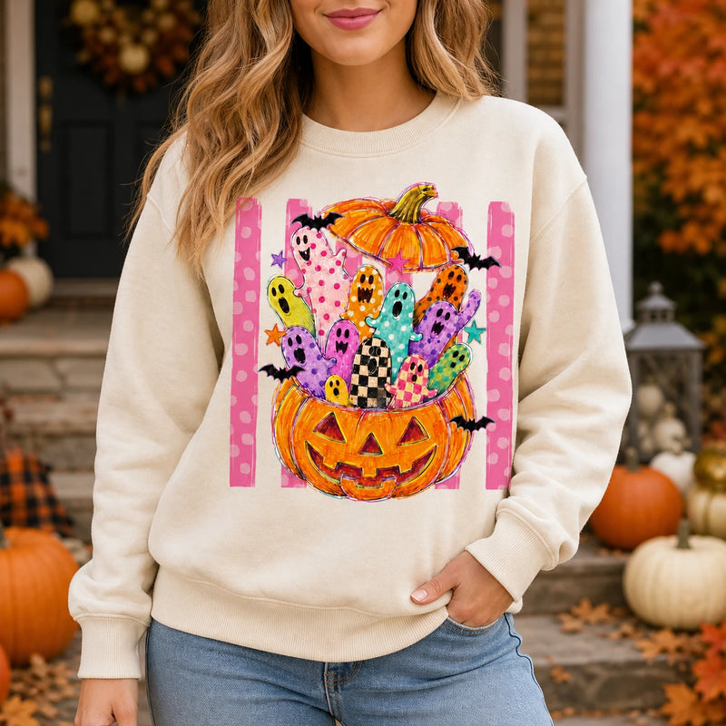Cute Halloween Sweatshirt Colorful Ghost Pumpkin Design Halloween Fall Women Cute Doodle Style