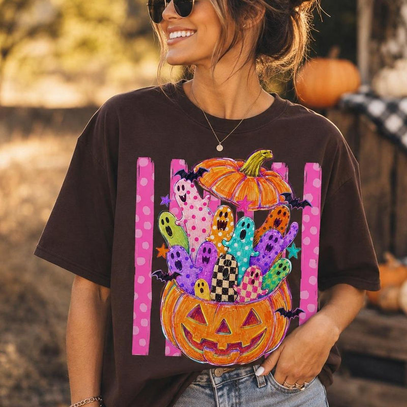 Cute Halloween Sweatshirt Colorful Ghost Pumpkin Design Halloween Fall Women Cute Doodle Style