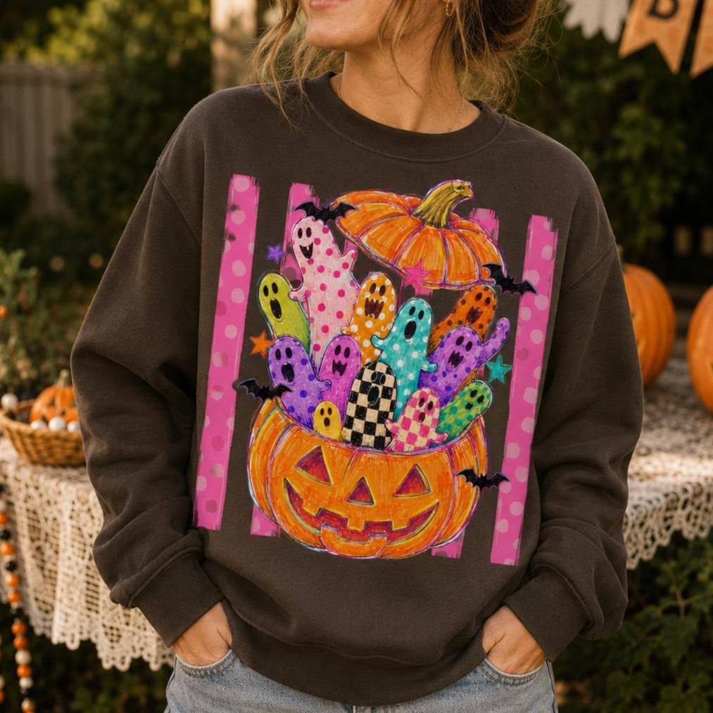 Cute Halloween Sweatshirt Colorful Ghost Pumpkin Design Halloween Fall Women Cute Doodle Style