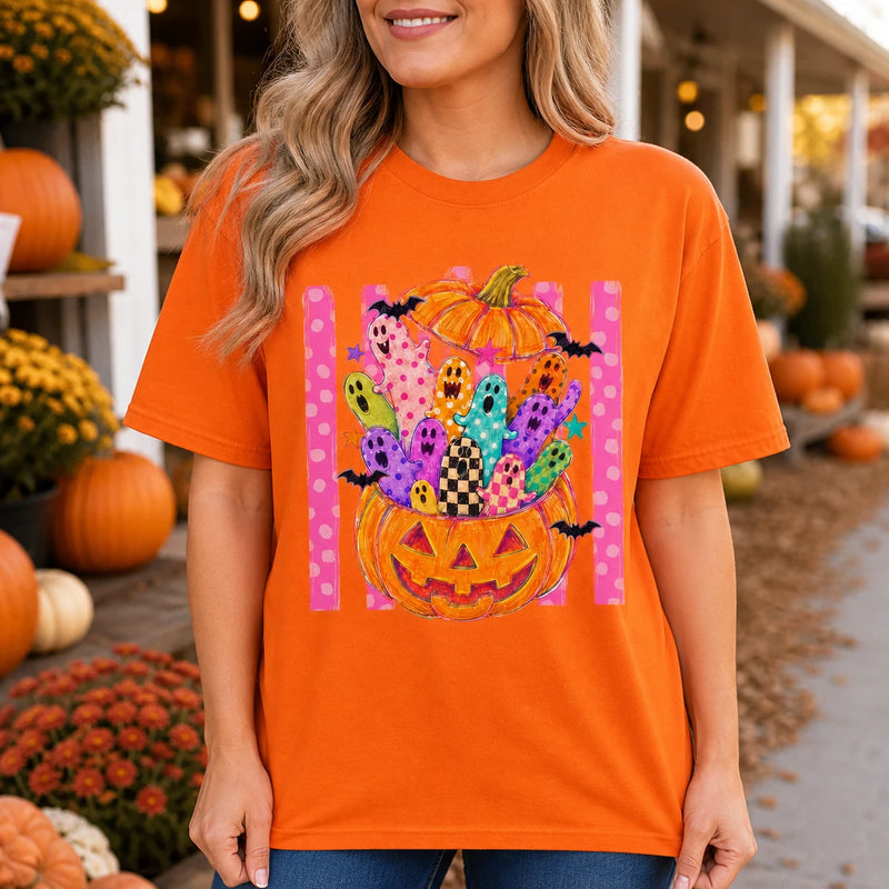 Cute Halloween Sweatshirt Colorful Ghost Pumpkin Design Halloween Fall Women Cute Doodle Style